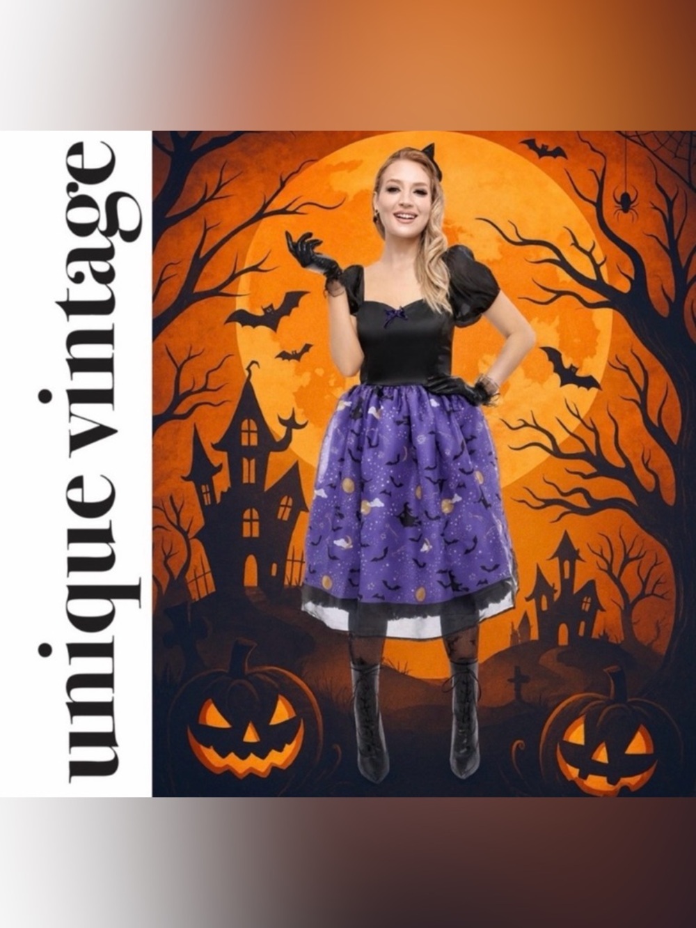 Unique Vintage Light Up 1950s Black & Purple Witch Swing Dress, Small, NWT!